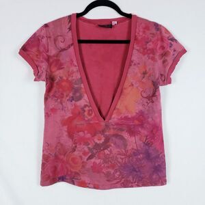 Realitee Y2K Babydoll Sweatshirt Top Womens L? Red Floral Short Sleeve Deep V